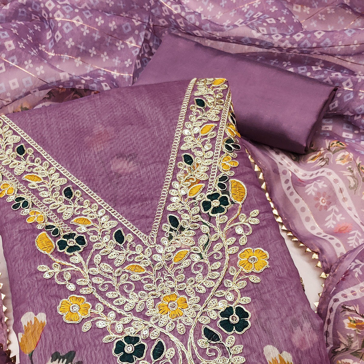Lavender Chanderi Silk Dress Material With Digital Floral Print & Cording Embroidery Work