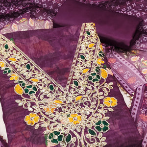 Purple Chanderi Silk Dress Material With Digital Floral Print & Cording Embroidery Work