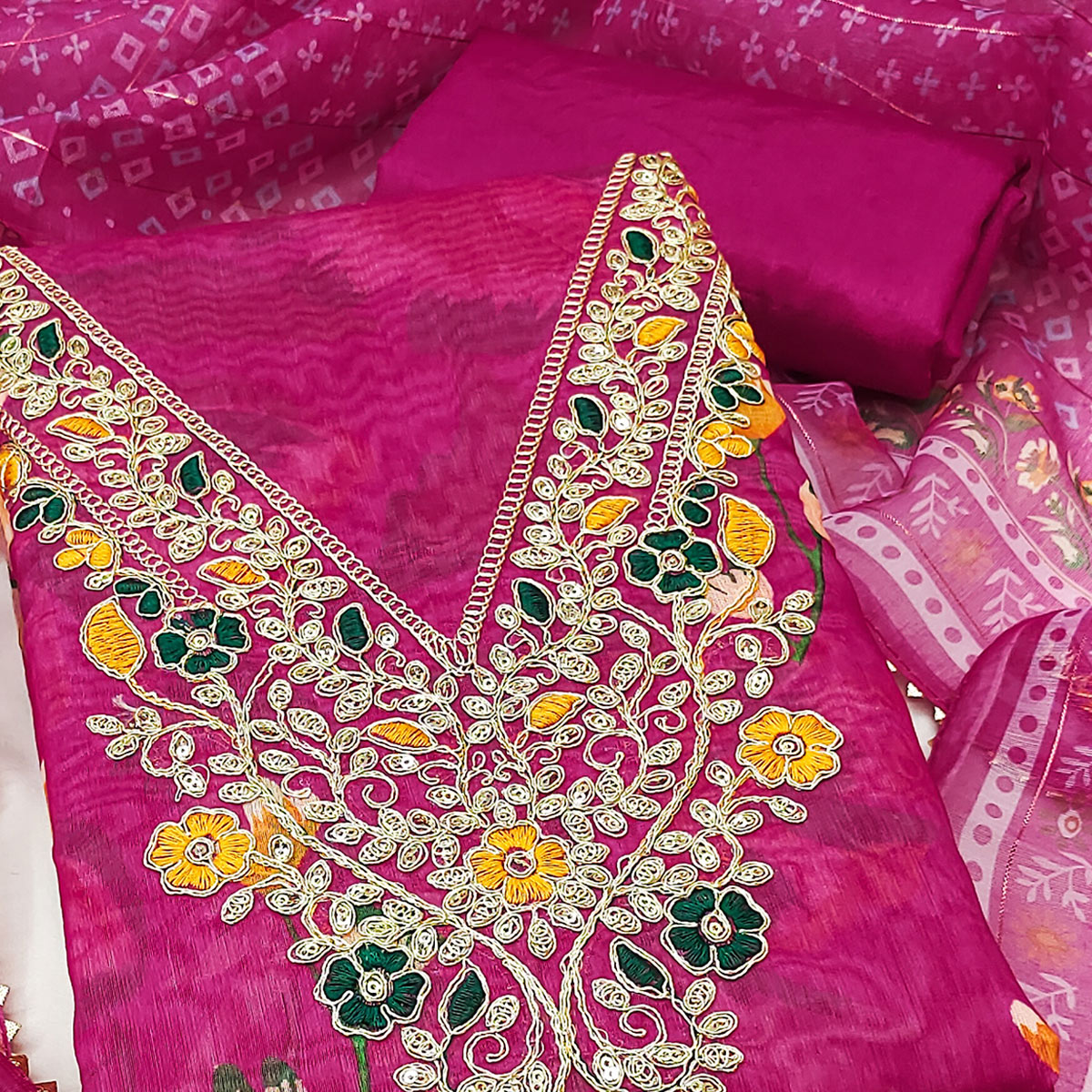 Rani Pink Chanderi Silk Dress Material With Digital Floral Print & Cording Embroidery Work
