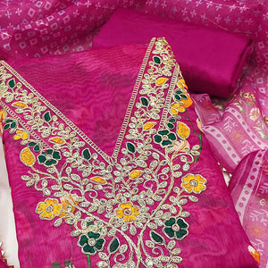 Rani Pink Chanderi Silk Dress Material With Digital Floral Print & Cording Embroidery Work