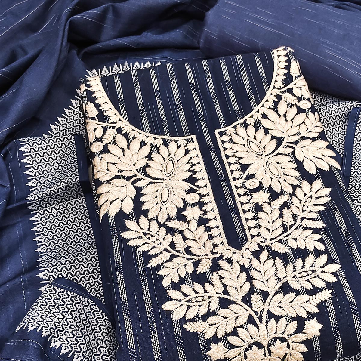 Elegant Navy Blue Floral Embroidered Cotton Blend Dress Material With Striking Striped Weaving