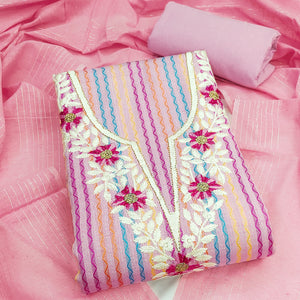 Pink Cotton Blend Dress Material Highlighted With Floral Embroidery & Modern Stripes