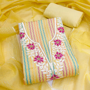 Yellow Cotton Blend Dress Material Highlighted With Floral Embroidery & Modern Stripes