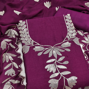 Purple  Vichitra Silk Dress Material Accented With Delicate Floral Thread Embroidery & Sequins