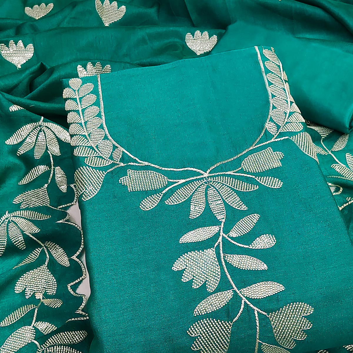 Rama Green Vichitra Silk Dress Material Accented With Delicate Floral Thread Embroidery & Sequins