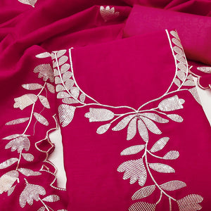 Rani Pink Vichitra Silk Dress Material Accented With Delicate Floral Thread Embroidery & Sequins