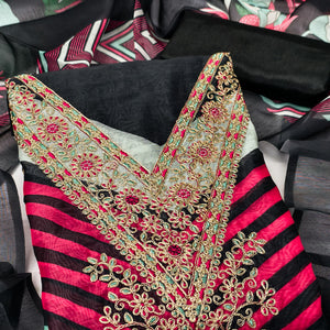 Black Floral Digital Printed With Cording Embroidered Vichitra Silk Dress Material