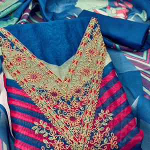 Blue Floral Digital Printed With Cording Embroidered Vichitra Silk Dress Material