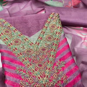 Lavender Floral Digital Printed With Cording Embroidered Vichitra Silk Dress Material