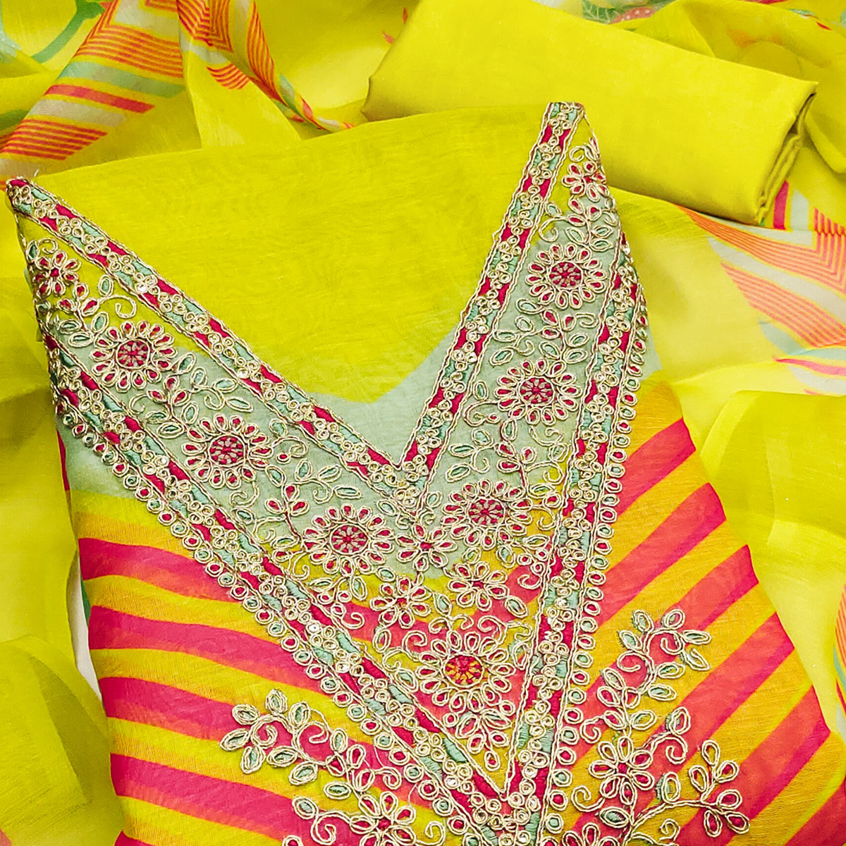 Lemon Green Floral Digital Printed With Cording Embroidered Vichitra Silk Dress Material