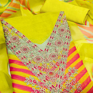 Lemon Green Floral Digital Printed With Cording Embroidered Vichitra Silk Dress Material