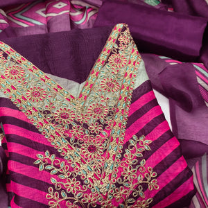 Purple Floral Digital Printed With Cording Embroidered Vichitra Silk Dress Material