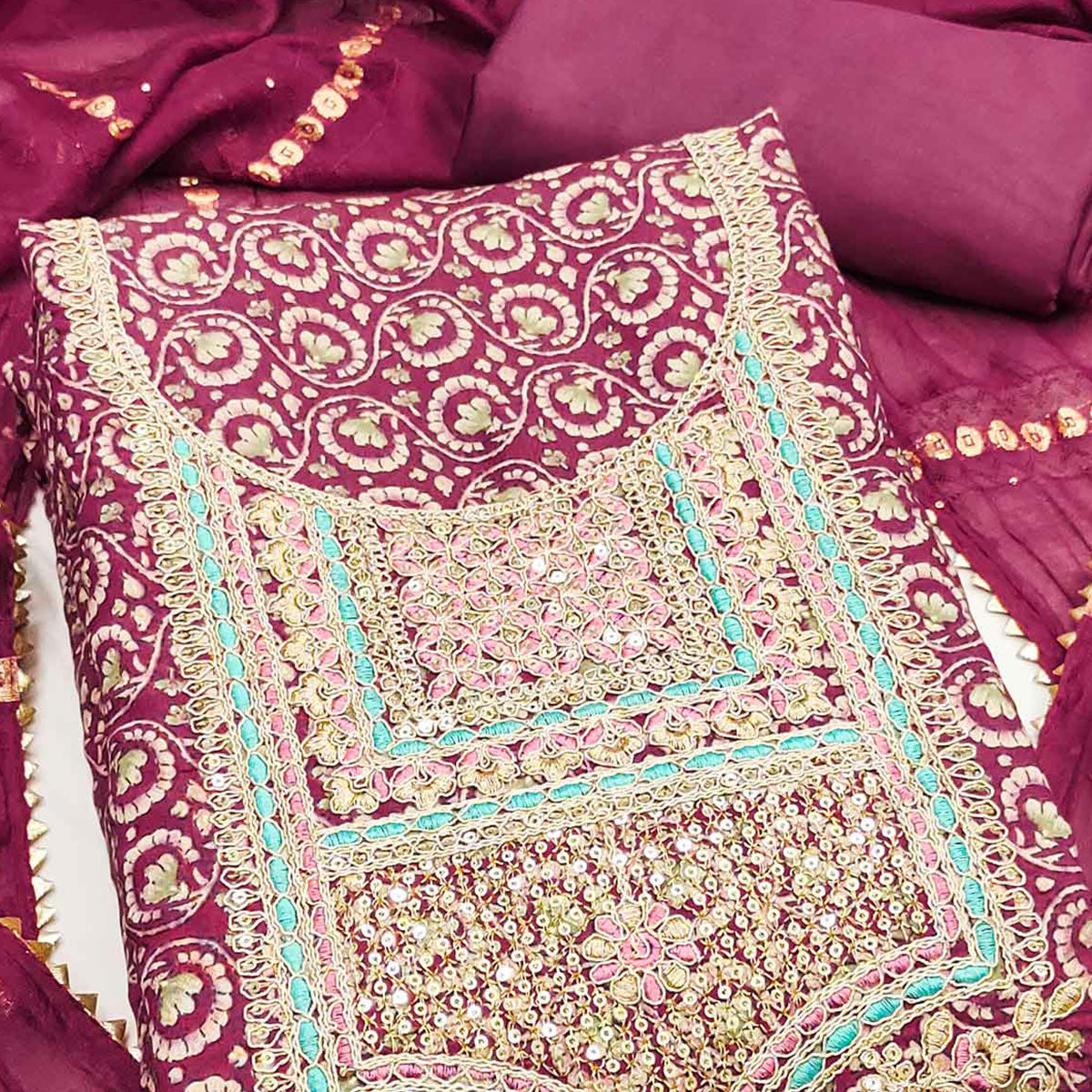 Elegant Dark Magenta Chanderi Silk Dress Material With Floral Print & Cording Embroidery