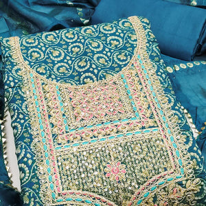 Elegant Morpich Blue Chanderi Silk Dress Material With Floral Print & Cording Embroidery