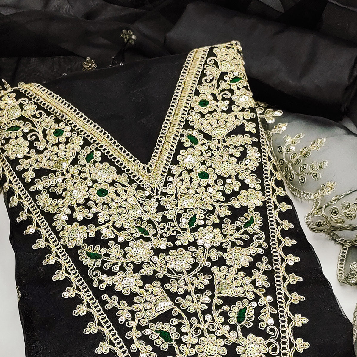 Black Organza Fabric With Delicate Floral Cording Embroidery & Shimmering Sequins Work