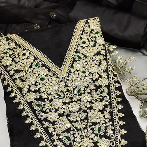 Black Organza Fabric With Delicate Floral Cording Embroidery & Shimmering Sequins Work