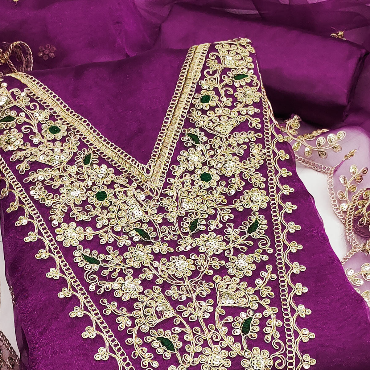 Purple Organza Fabric With Delicate Floral Cording Embroidery & Shimmering Sequins Work