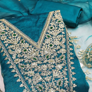 Rama Blue Organza Fabric With Delicate Floral Cording Embroidery & Shimmering Sequins Work