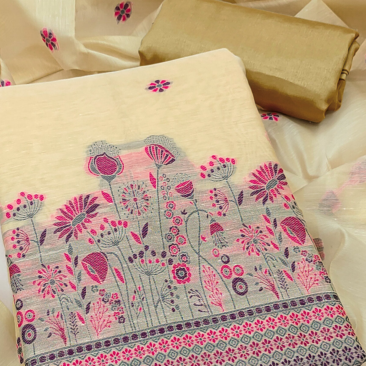 Cream and Magenta Dress Material Adorned with Floral Weaving on Chanderi Silk