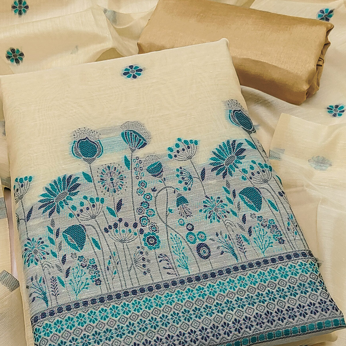 Cream and Blue Dress Material Adorned with Floral Weaving on Chanderi Silk