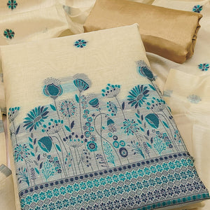 Cream and Blue Dress Material Adorned with Floral Weaving on Chanderi Silk