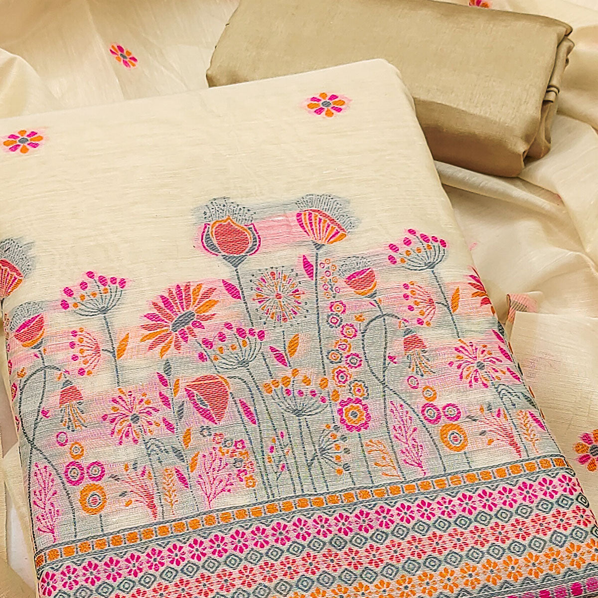 Cream and Pink Dress Material Adorned with Floral Weaving on Chanderi Silk