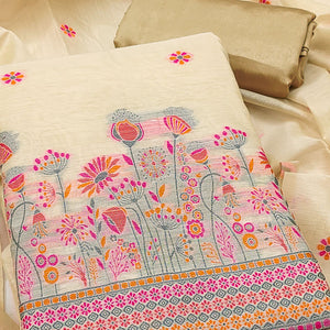 Cream and Pink Dress Material Adorned with Floral Weaving on Chanderi Silk