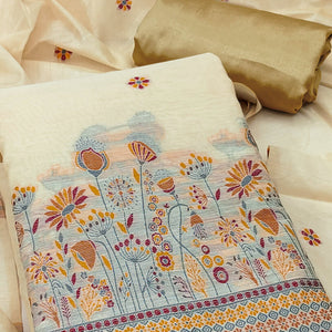 Cream and Mustard Dress Material Adorned with Floral Weaving on Chanderi Silk