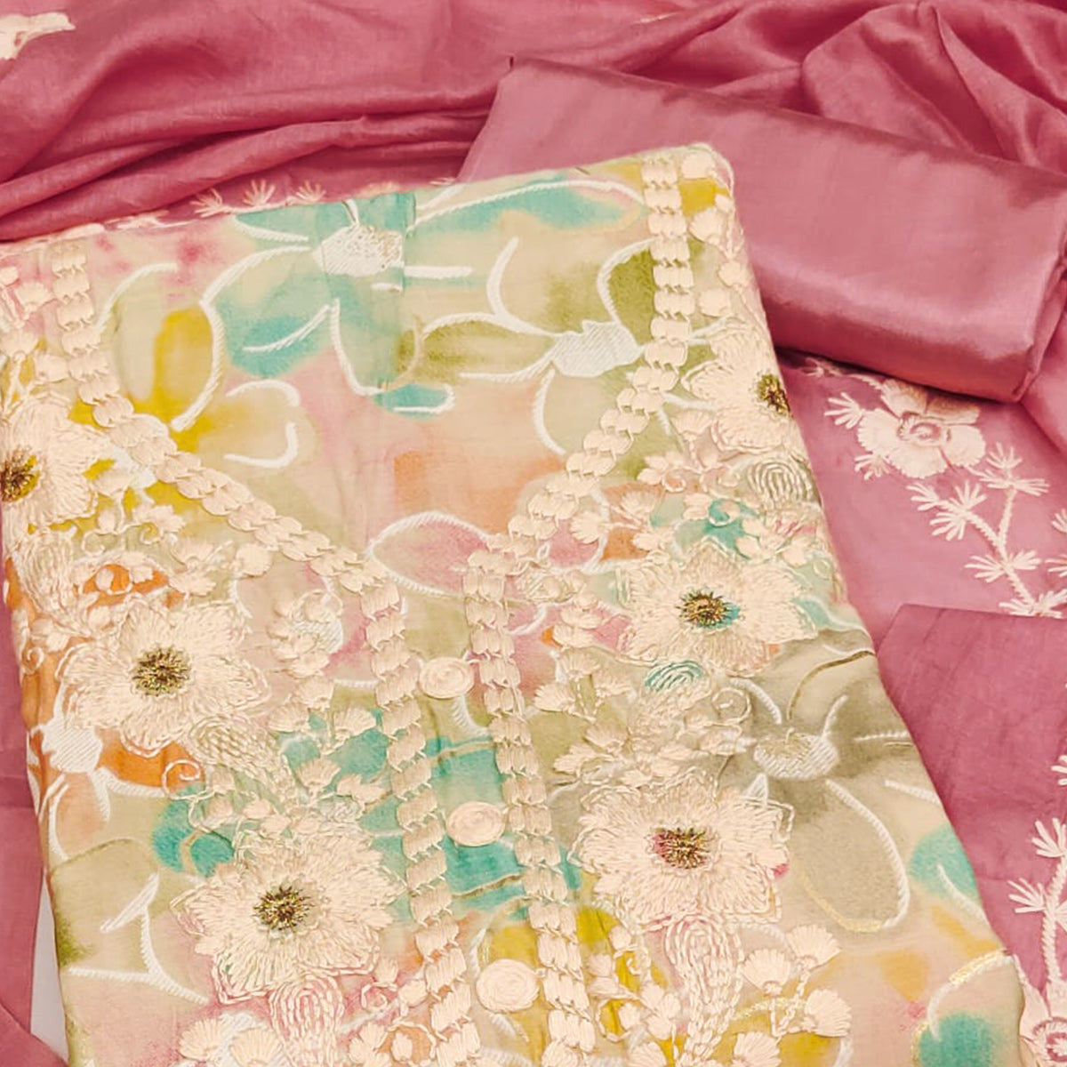 Cream & Pink Floral Printed Chanderi Silk Dress Material Adorned with Embroidery