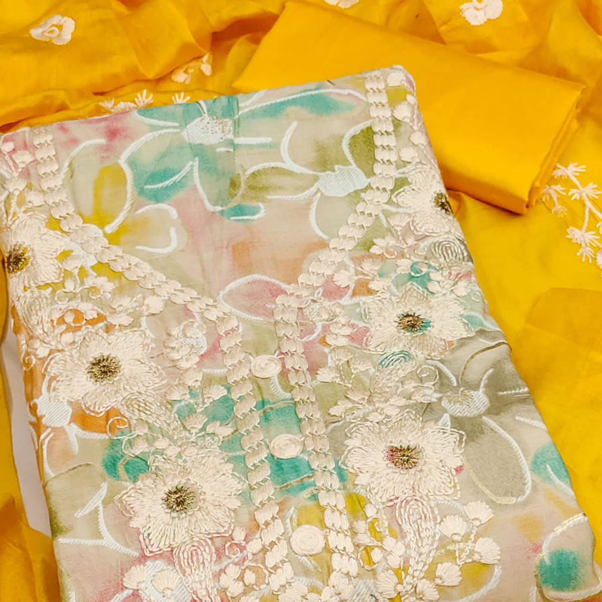 Cream & Yellow Floral Printed Chanderi Silk Dress Material Adorned with Embroidery