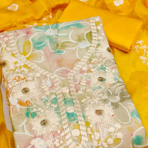 Cream & Yellow Floral Printed Chanderi Silk Dress Material Adorned with Embroidery