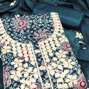 Blue Floral Printed Chanderi Silk Dress Material Adorned with Embroidery