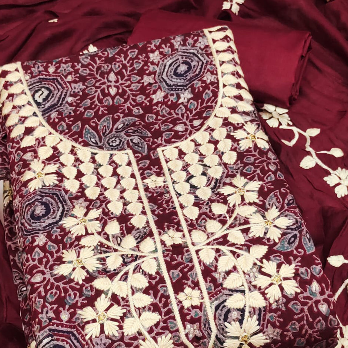 Maroon Floral Printed Chanderi Silk Dress Material Adorned with Embroidery