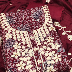 Maroon Floral Printed Chanderi Silk Dress Material Adorned with Embroidery