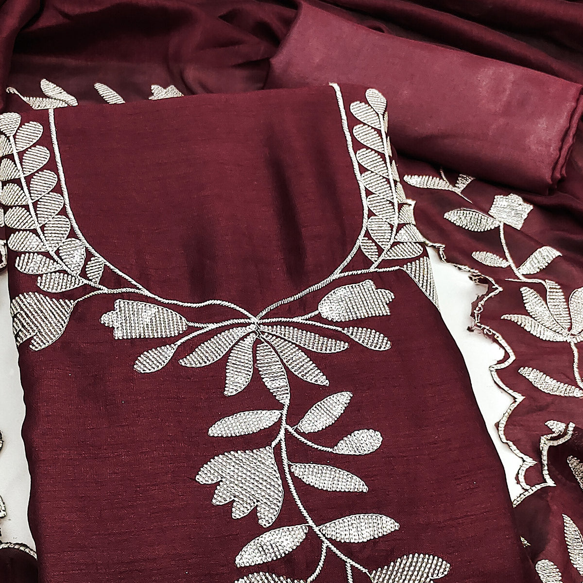 Maroon Vichitra Silk Dress Material With Delicate Floral Embroidery & Shimmering Sequins Work