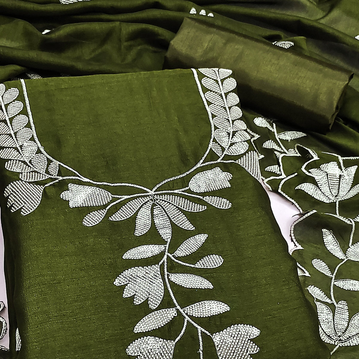Mehendi Green Vichitra Silk Dress Material With Delicate Floral Embroidery & Shimmering Sequins