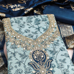 Blue Chanderi Silk Dress Material Featuring Floral Print & Cording Embroidered Detailing