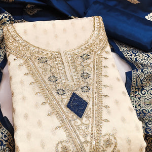 Cream & Blue Floral Butti Weaving With Intricate Cording Embroidered Shimmer Dress Material