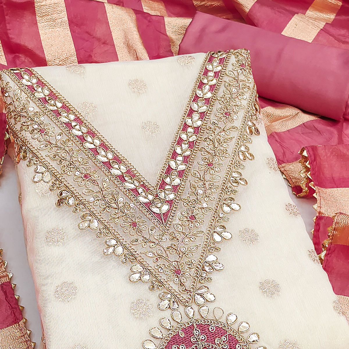 Cream & Pink Floral Butti Woven Shimmer Dress Material With Cording Embroidered Detailing
