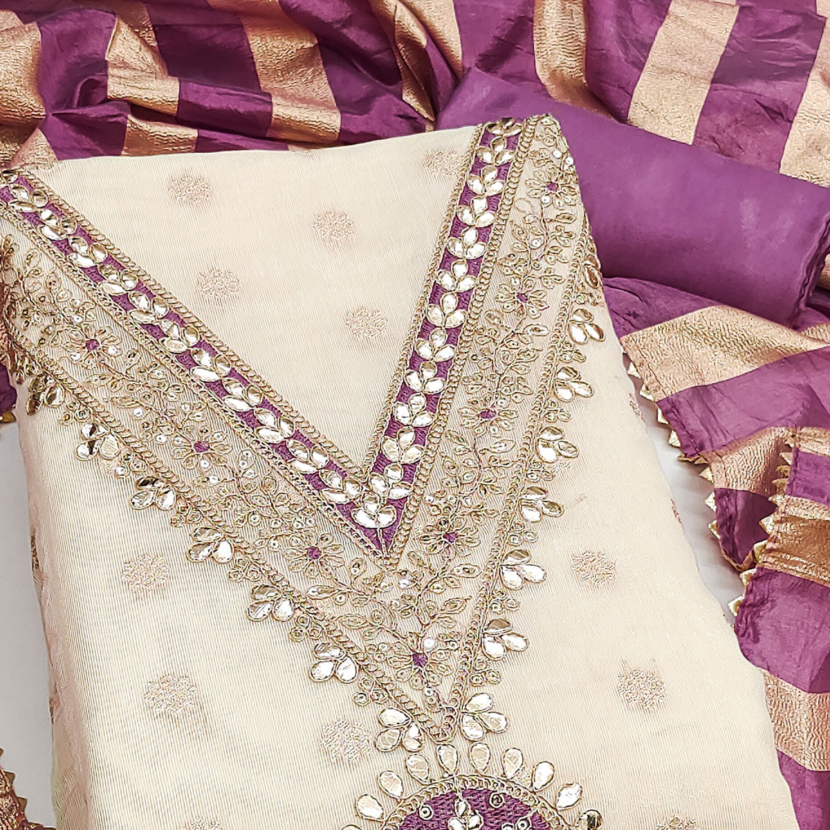 Cream & Purple Floral Butti Woven Shimmer Dress Material With Cording Embroidered Detailing