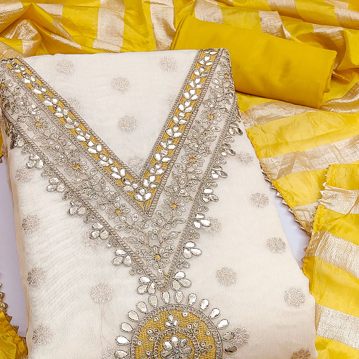 Cream & Yellow Floral Butti Woven Shimmer Dress Material With Cording Embroidered Detailing