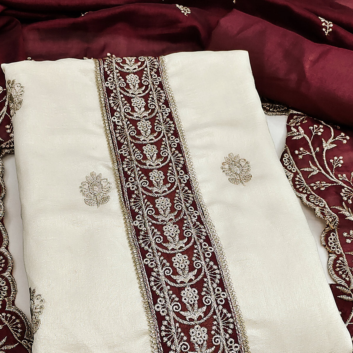 Cream & Maroon Vichitra Silk Dress Material Featuring Intricate Floral Zari Embroidery