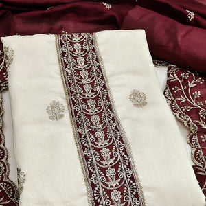 Cream & Maroon Vichitra Silk Dress Material Featuring Intricate Floral Zari Embroidery