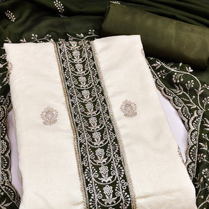 Cream & Mehendi Green Vichitra Silk Dress Material Featuring Intricate Floral Zari Embroidery