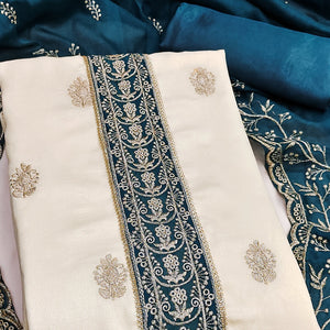 Cream & Morpich Vichitra Silk Dress Material Featuring Intricate Floral Zari Embroidery