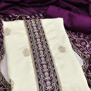 Cream & Purple Vichitra Silk Dress Material Featuring Intricate Floral Zari Embroidery