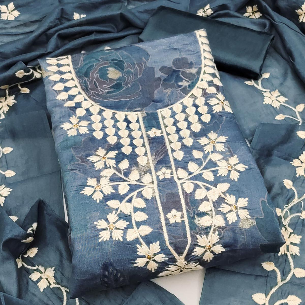 Graceful Greyish Blue Floral Embroidered Chanderi Cotton Dress Material
