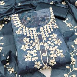 Graceful Greyish Blue Floral Embroidered Chanderi Cotton Dress Material