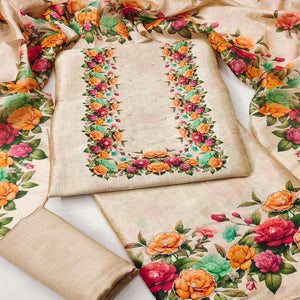 Stylish Chikoo Assam Art Silk Dress Material Accented With Floral Digital Print & Khatli Work