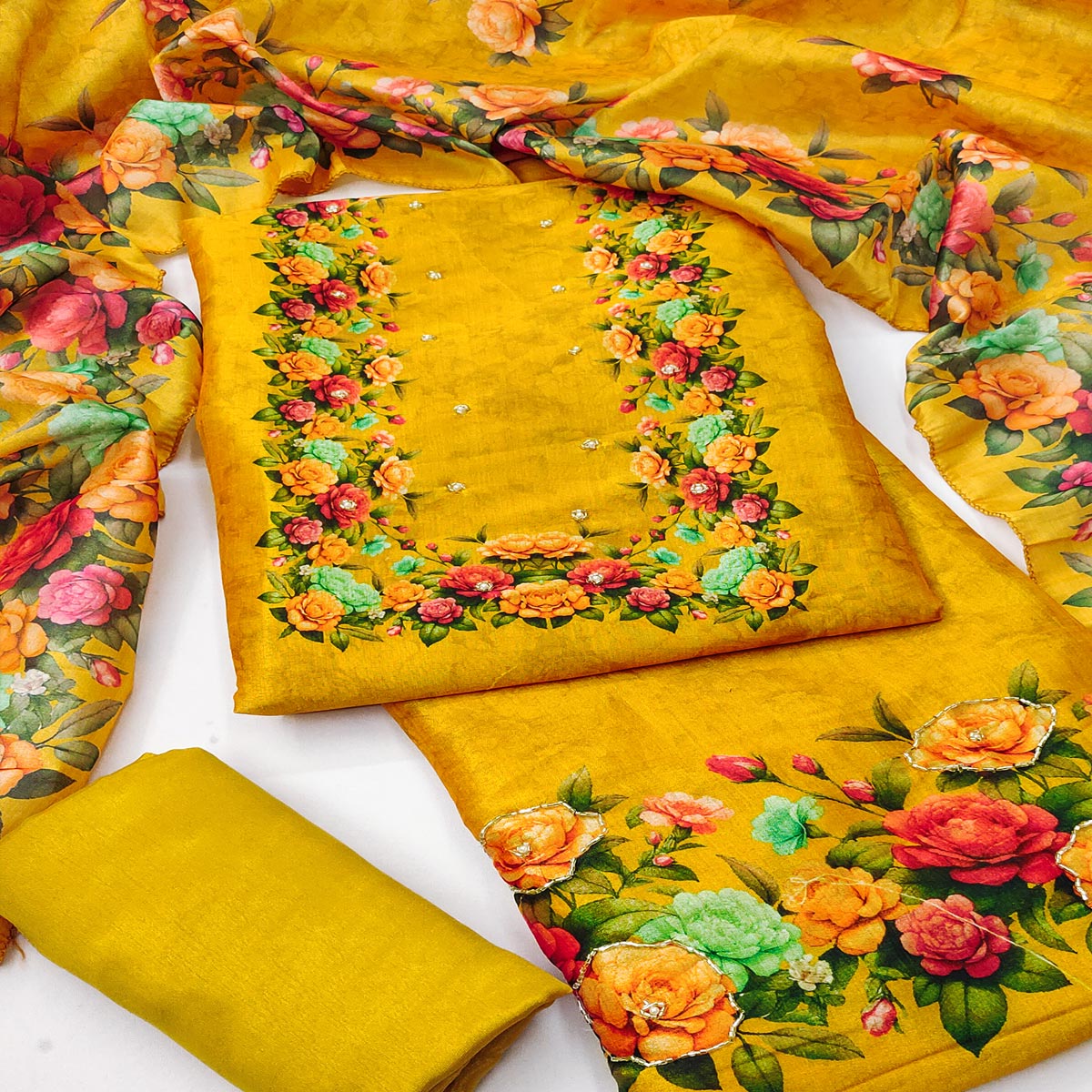 Stylish Mustard Assam Art Silk Dress Material Accented With Floral Digital Print & Khatli Work